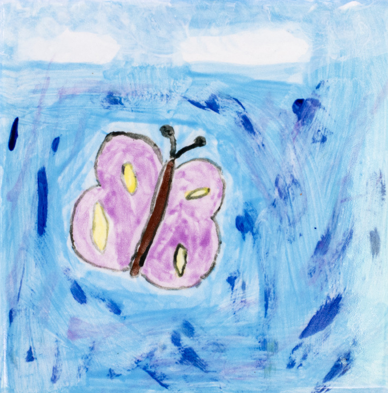 Painting of a purple butterfly with a blue background.