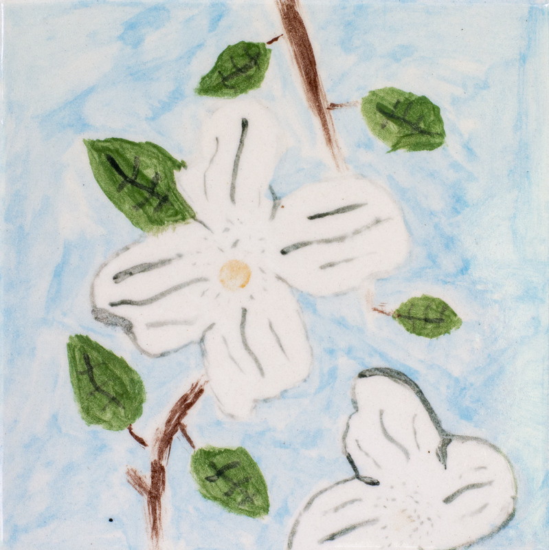 Painting of white dogwood flowers on brown stems with green leaves, over a light blue background.