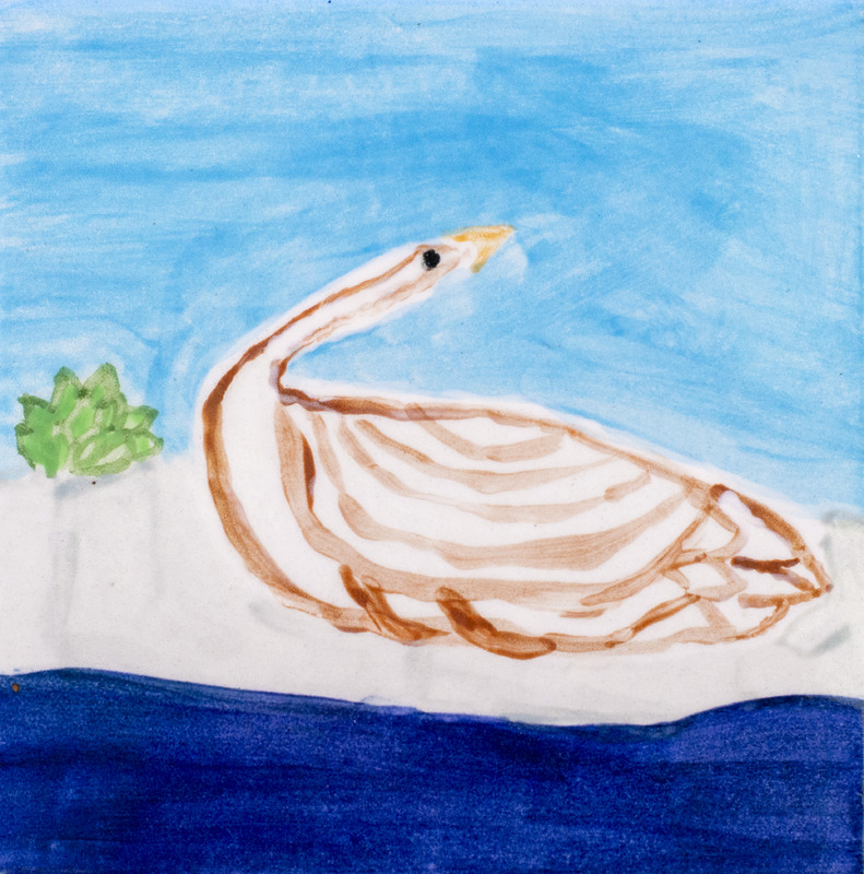 Painting of goose sitting by water with blue sky.