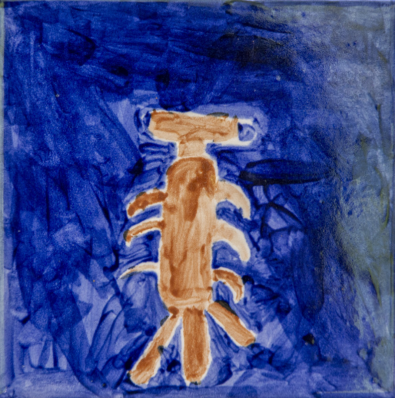 Painting of a brown crayfish with claws and legs spread, set against deep blue water.
