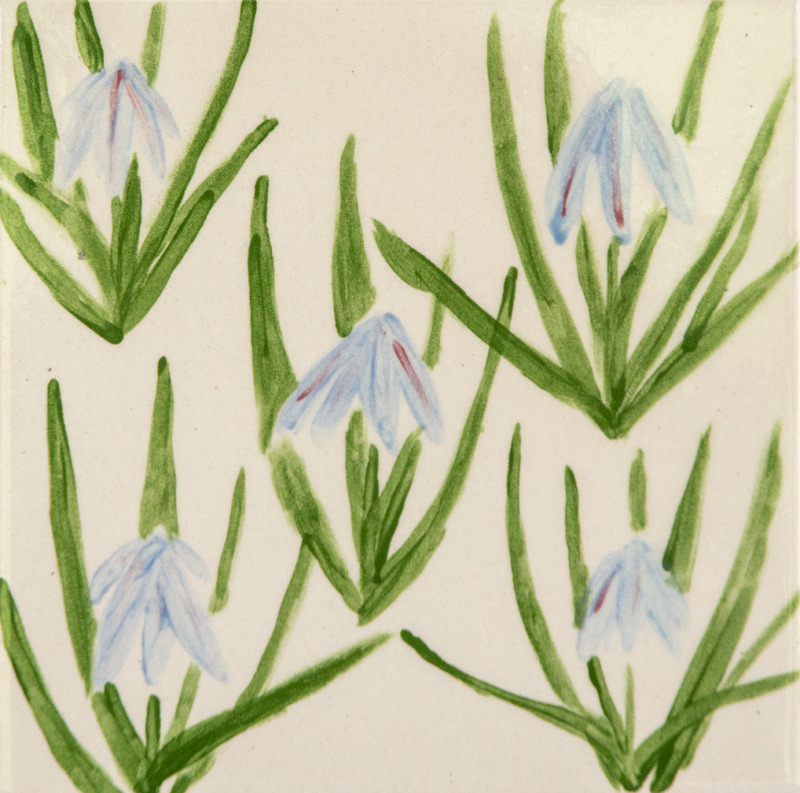 Painting of siberian squill flowers with pale blue drooping petals and slender green leaves arranged across a light background.