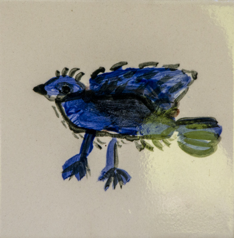 Painting of a blue bird with dark outlines, long legs, and a green-tinted tail.