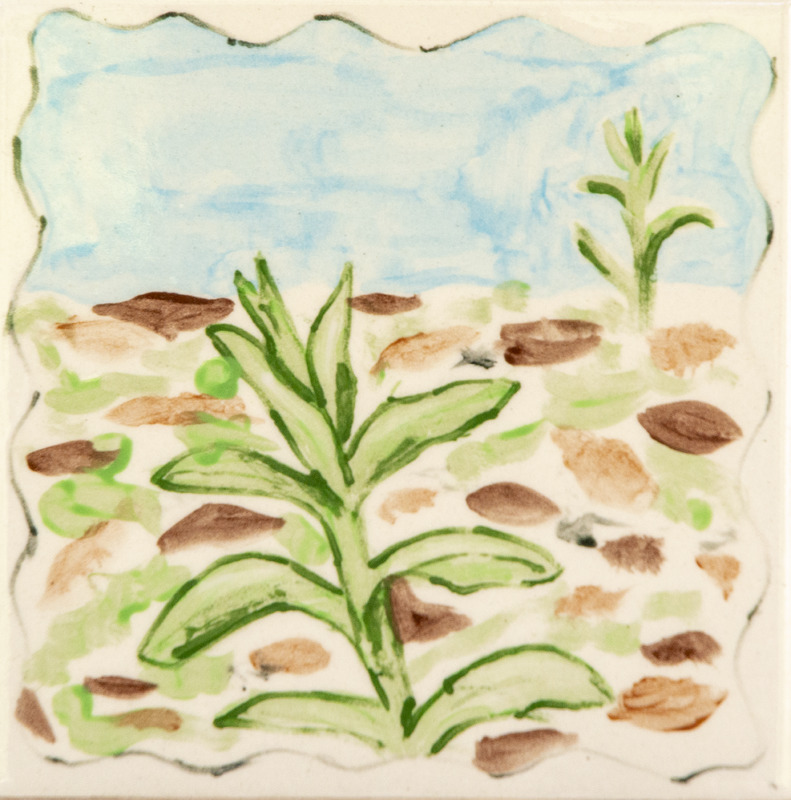 Painting of a spring scene with green plants growing among brown rocks under a blue sky.