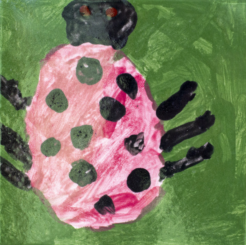 Painting of a red lady bug with dark spots and legs, against a dark green background.