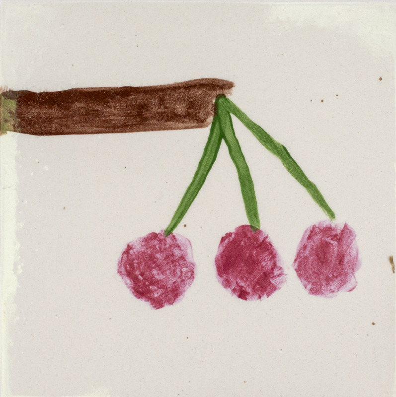 Painting of three red cherries growing from a brown branch.