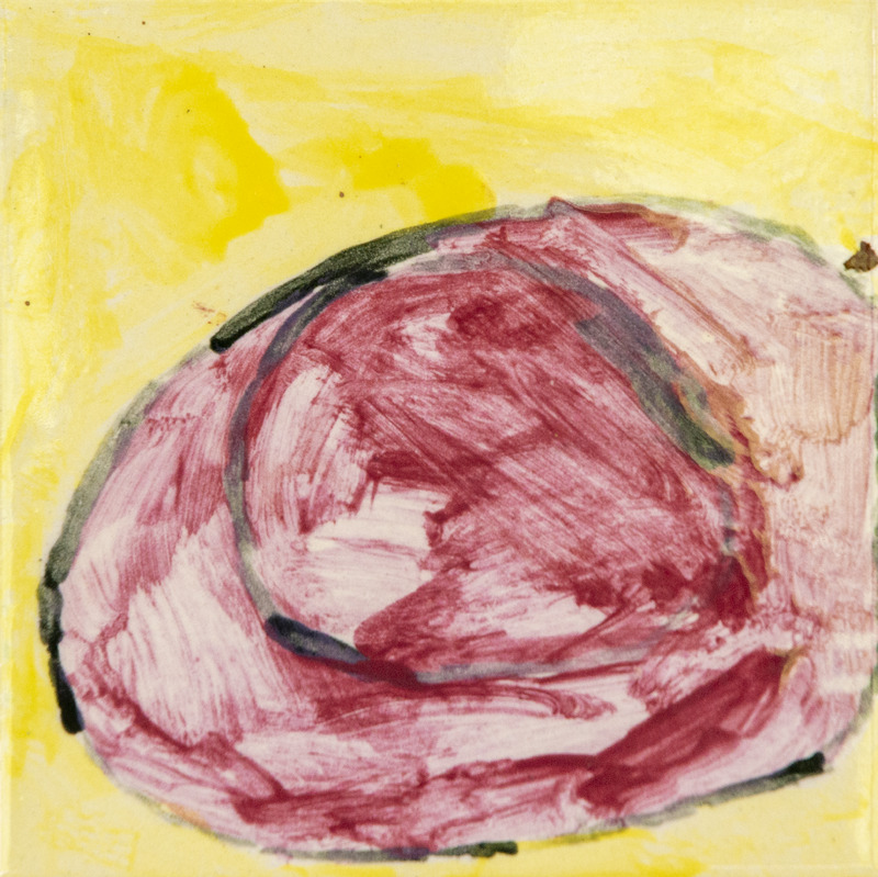 Painting of a large red berry with dark outlines, set against a bright yellow background.