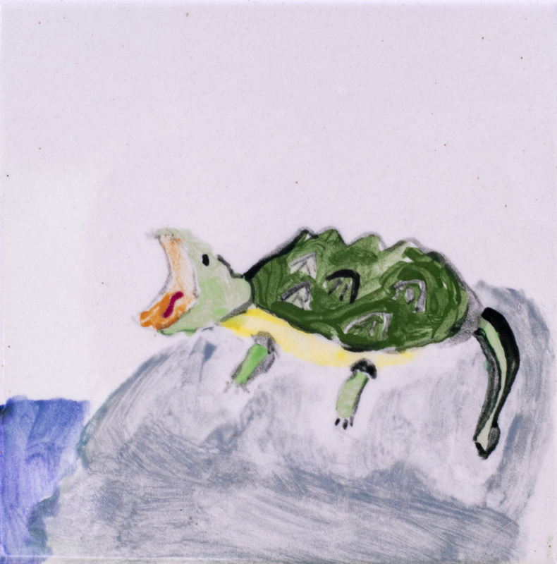 Painting of a green snapping turtle with an open mouth standing on a gray rock.