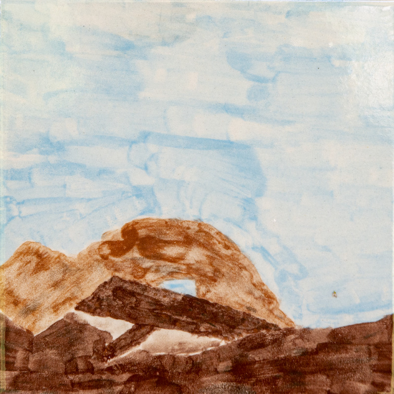 Painting of stacked brown logs under a light blue sky.