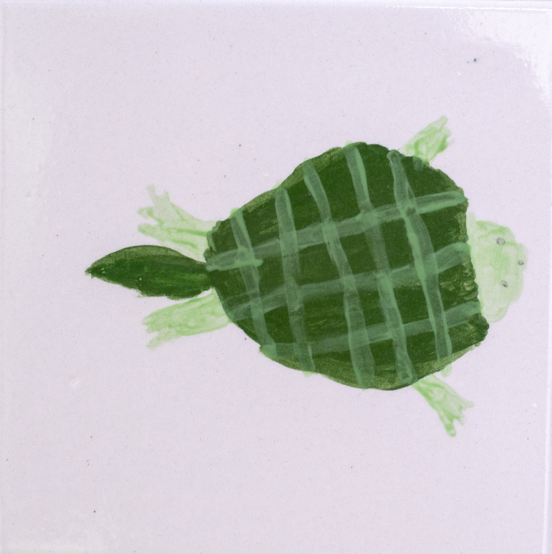 Painting of a green turtle.