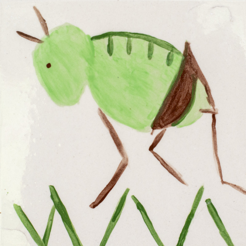 Painting of a green and brown grass hopper that is hopping over grass.