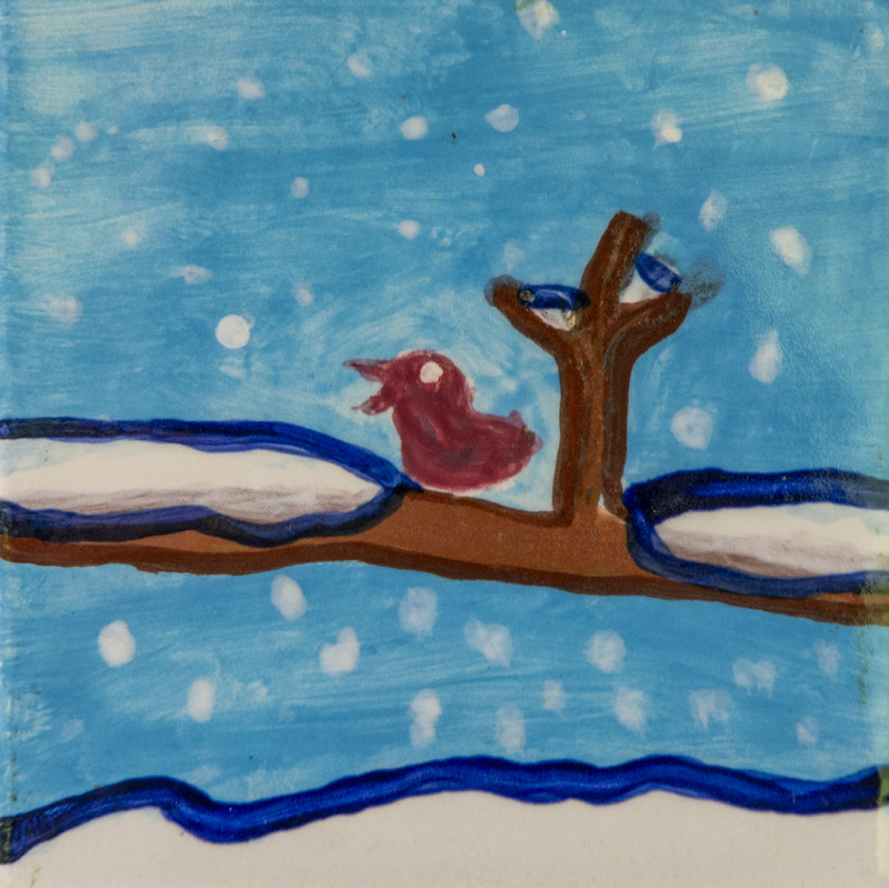 Painting of a red bird sitting on a brown branch covered in snow, set against a blue sky with snowfall.
