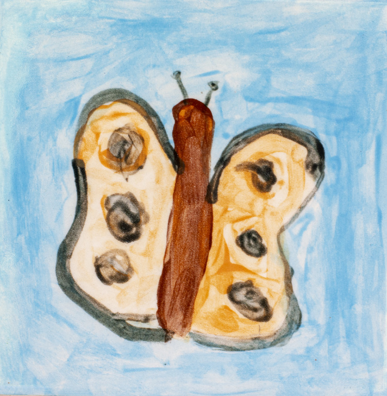 Painting of an orange butterfly with black spots in front of a light blue sky.