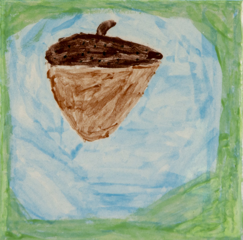 Painting of a brown acorn with a dark cap, set against a light blue background framed by green edges.