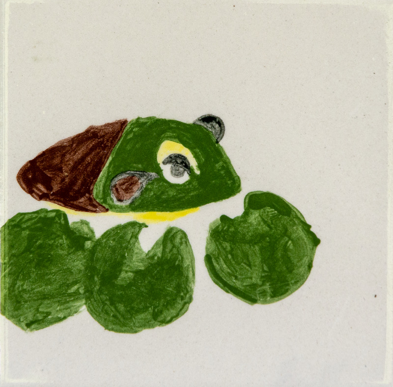 Painting of a green frog with a brown back peeking from water, surrounded by round green lily pads.