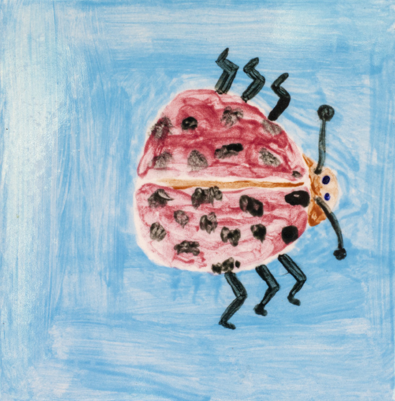 Painting of a red ladybug with many black spots over a blue background.