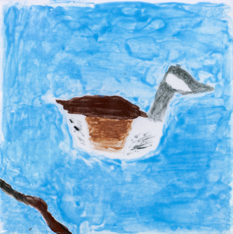 Painting of Canada Goose swimming in water.