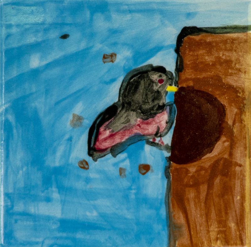 Painting of a woodpecker clinging to a tree trunk, with a dark head, pink body, yellow beak, and blue sky in the background.