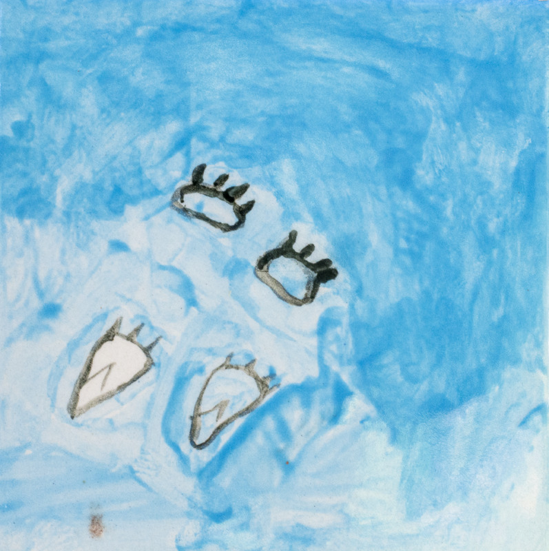 Painting of black animal prints against blue background.
