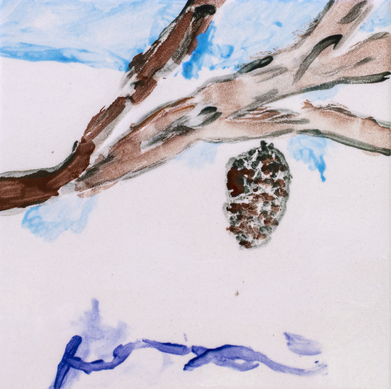 Painting of pinecone hanging from branch against white background.