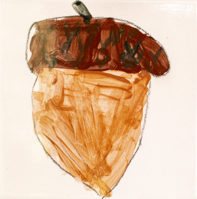 Painting of light brown acorn with a dark brown cap over a white background.