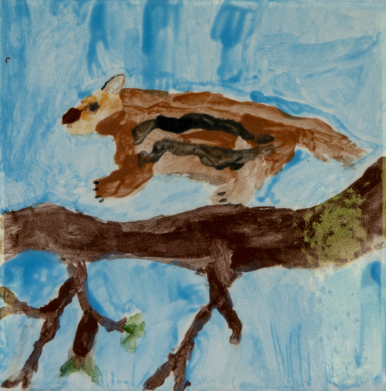 Painting of a brown chipmunk with dark stripes stretched along a tree branch against a blue sky background.