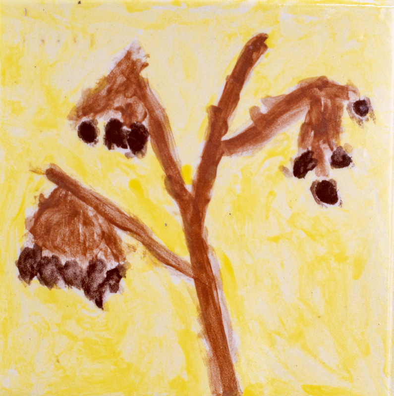 Painting of berries on a brown branch with a yellow background.