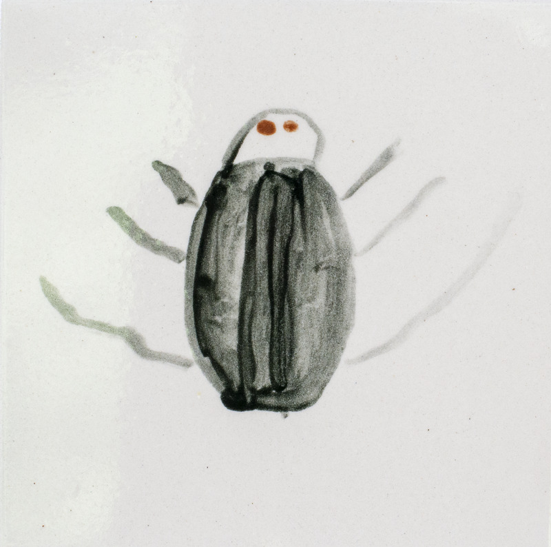 Painting of a black beetle with a white background.