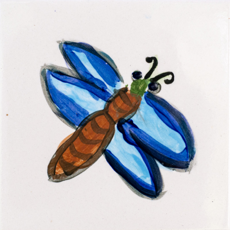 Painting of a dragonfly with blue wings, brown body, and green head against a white background.