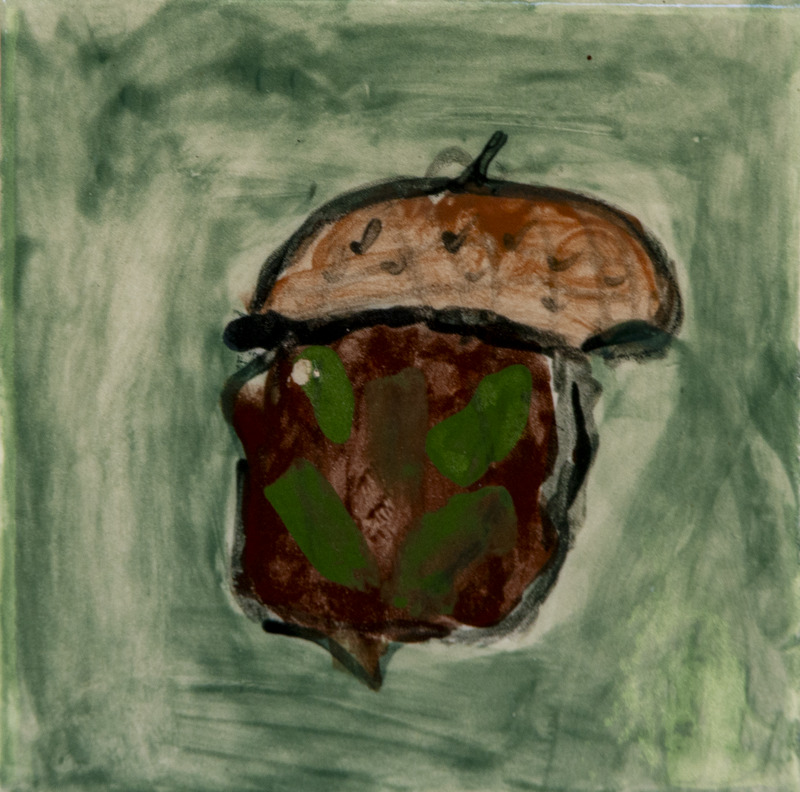 Painting of a brown acorn with a cap, set against a green background.