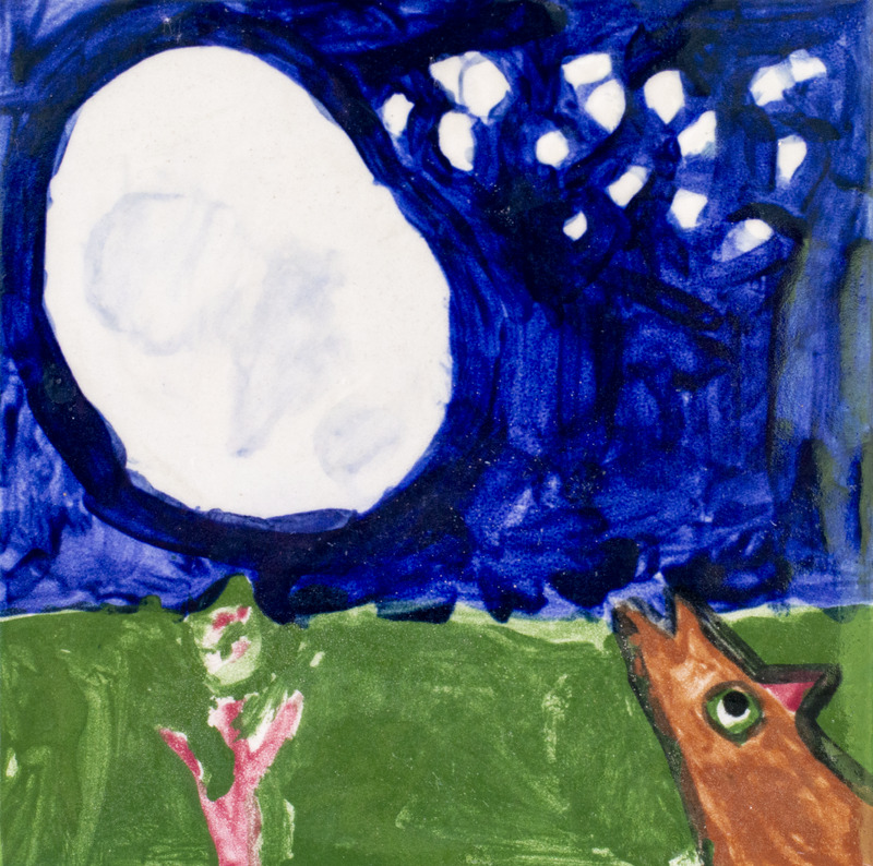 Painting of an orange animal howling at the moon with a pink flower next to it.