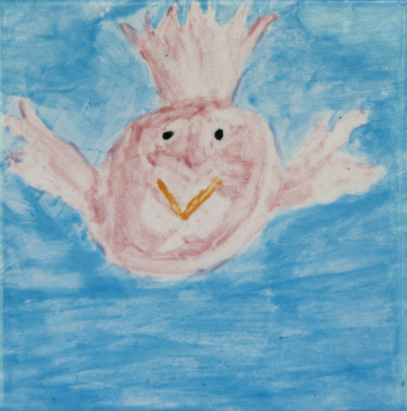 Painting of a pink bird with outstretched wings and a small beak, flying against a blue sky.