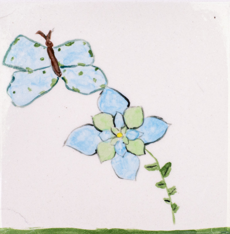 Painting of a blue butterfly and a blue flower.