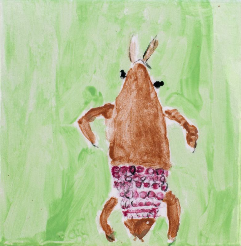 Painting of a brown four-legged insect with a red section on the back against a green background.