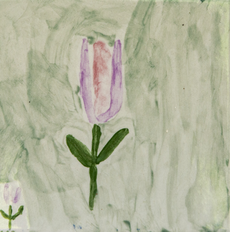 Painting of a purple tulip-like flower with green leaves and stem against a soft, pale green background.