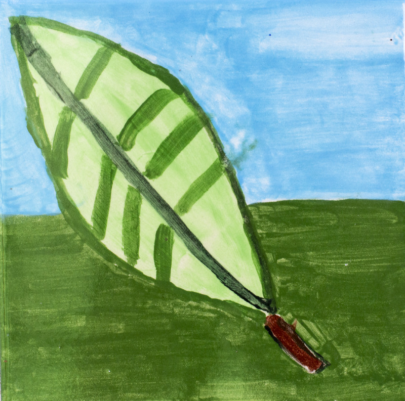 Painting of a large green leaf with dark veins and a brown stem lying on grass under a blue sky.