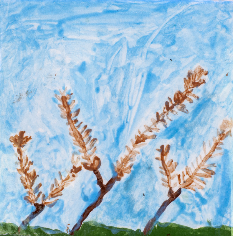 Painting of six brown branches with blue sky.