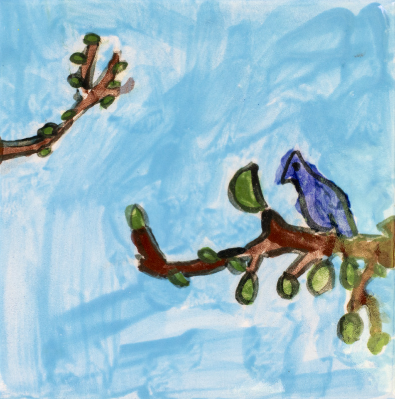 Painting of a blue bird sitting on a branch with green leaves and a blue background.
