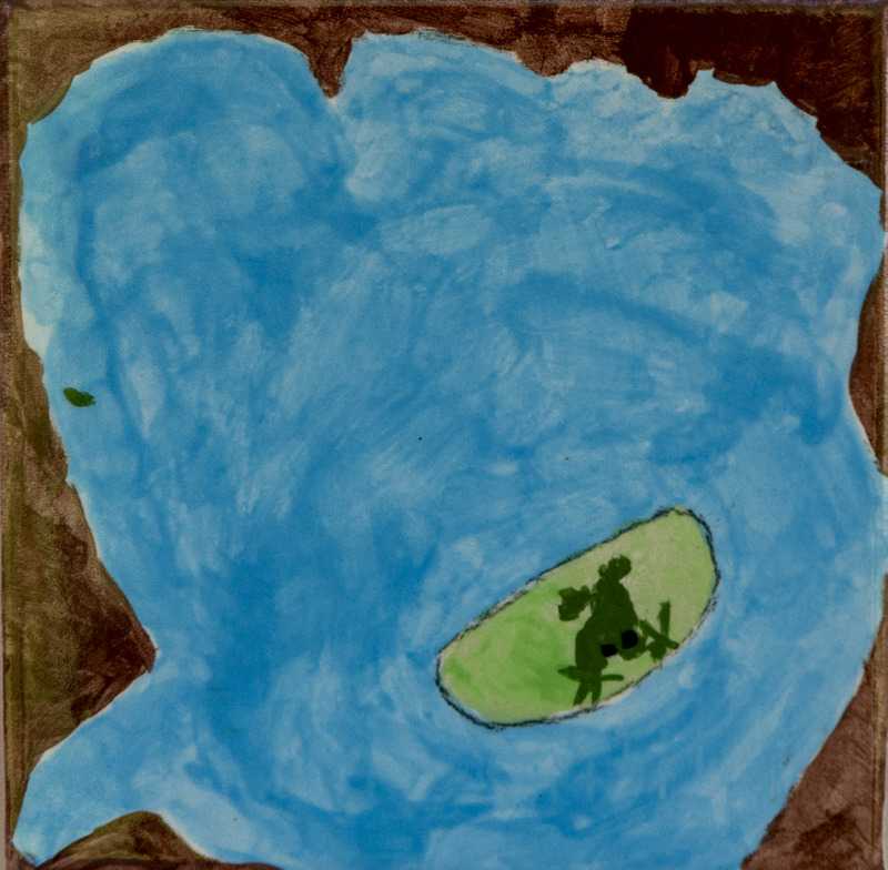 Painting of a blue pond surrounded by brown banks, with a green lily pad holding a small frog near the center of the water.