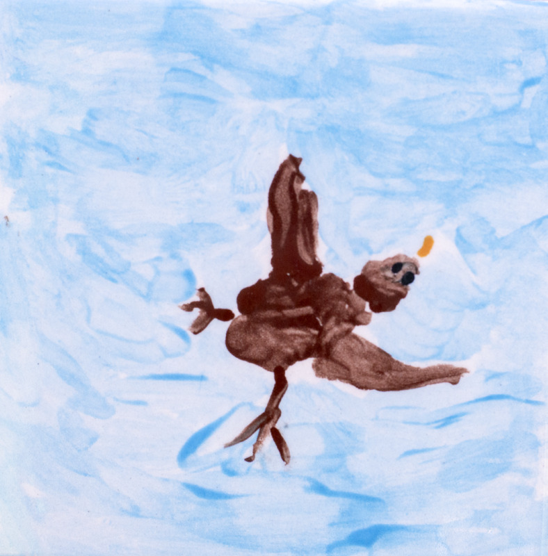Painting of a brown bird with wings spread and small feet, flying against a light blue sky background.