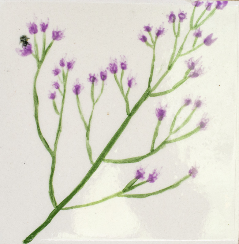 Painting of purple thistle flowers on green stems in front of a white background.