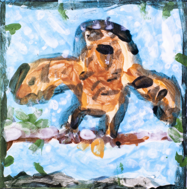 Painting of an owl with brown and black feathers perched on a branch in a snowy scene with a blue background.