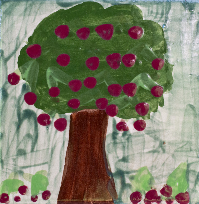 Painting of tree with cherries in crown and in grass against dark blue background.