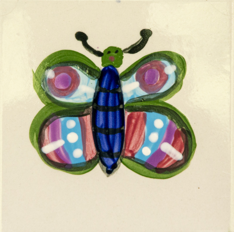 Painting of a colorful butterfly with green-edged wings, blue and purple patterns, and a striped blue body.