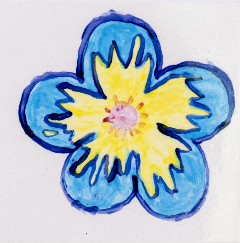 Painting of flower with blue and yellow petals and pink center against white background.