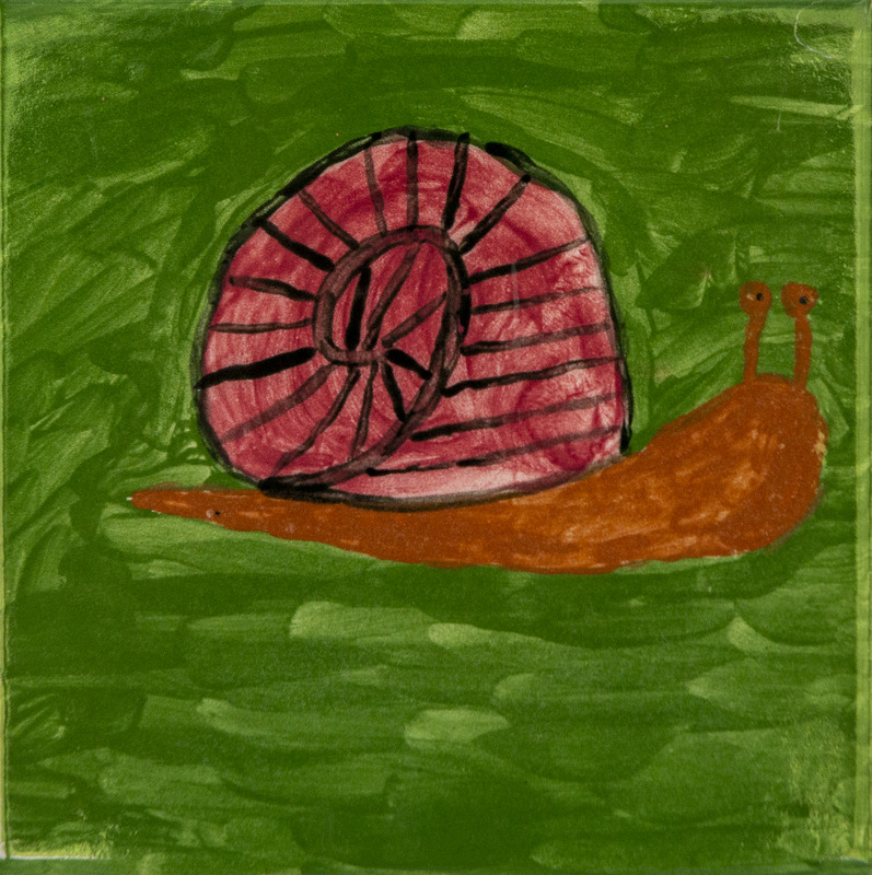 Painting of a brown snail with a large red spiral shell crawling across green grass.