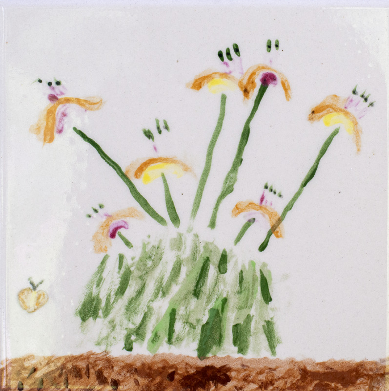 Painting of orange and yellow flowers with green basal leaves growing in dirt against white background.