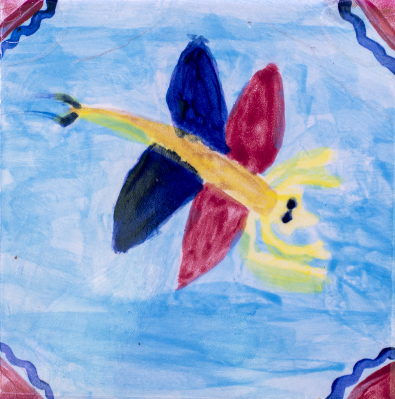 Painting of a colorful insect with blue and red wings and a yellow body flying against a light blue background.