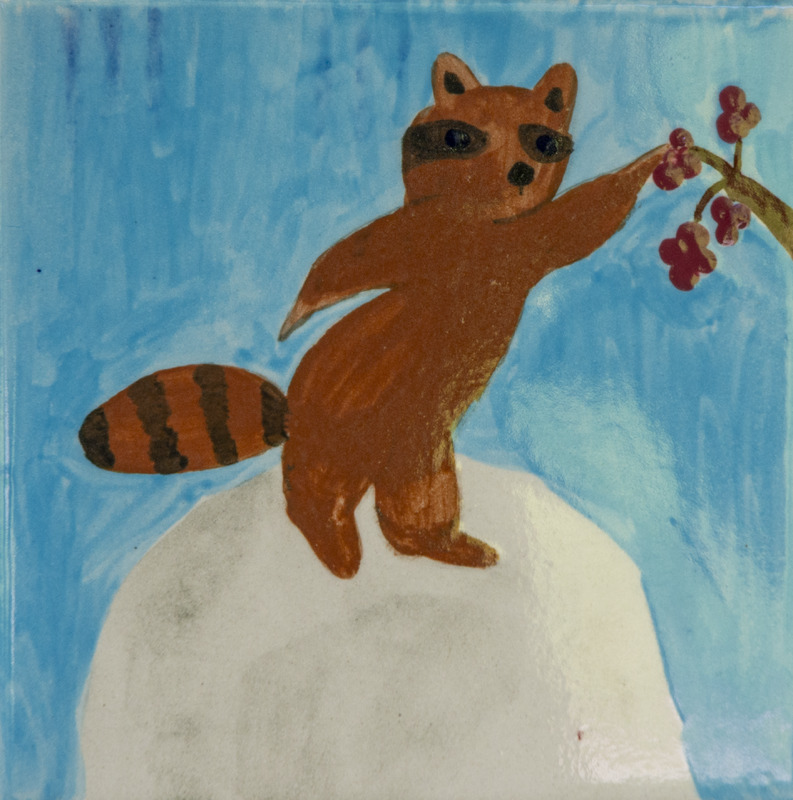 Painting of a brown raccoon standing on snow, holding a branch with red berries, against a light blue sky.