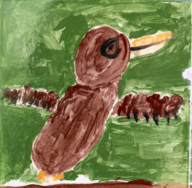 Painting of a brown bird with a long yellow beak flying into a green background.