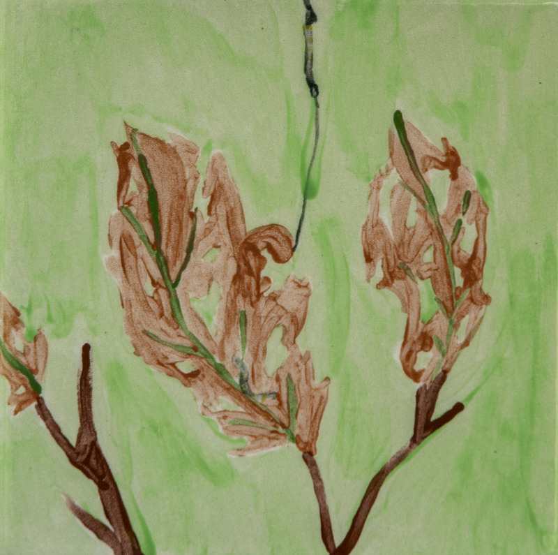 Painting of brown leaves with green veins on thin branches, set against a light green background.